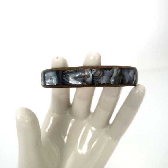 Copper Colored Metal Bangle Bracelet with Abalone Inset 8" Diameter 2 1/2" - Picture 2 of 9